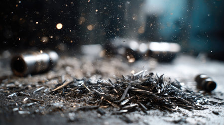 A close-up image of metal shavings scattered on a workshop floor, illuminated by glimmering particles in the air, highlighting the craftsmanship of machining tools.の素材
