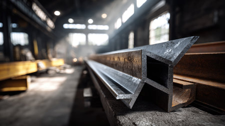 A close-up view of steel beams in an industrial workshop with sunlight filtering through windows, showcasing the raw materials and craftsmanship involved in metal construction.の素材