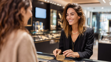 A cheerful saleswoman engages with a customer in a luxury jewelry store, showcasing stunning gold pieces and creating a warm shopping experience.の素材