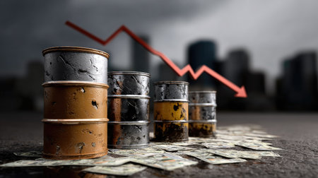 This image illustrates the impact of declining oil prices with rusty barrels juxtaposed against scattered dollar bills, highlighting economic challenges in an urban landscape.の素材