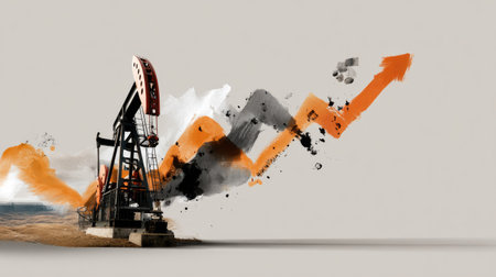Abstract representation of an oil rig juxtaposed with vibrant colors and a rising arrow to depict growth in the energy market and investment potential.の素材