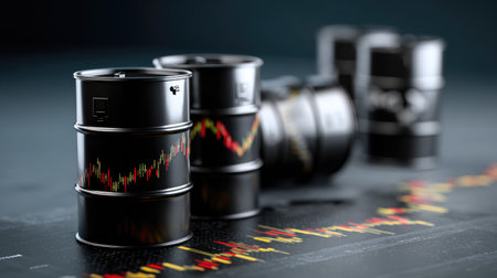 An engaging stock photo showcasing striking oil barrels alongside a dynamic finance graph, symbolizing market trends and investment opportunities.の素材