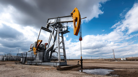 An oil pump jack stands prominently against a dramatic cloudy sky, showcasing the machinery used for oil extraction in an industrial landscape.の素材