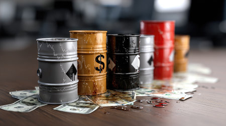 An arrangement of colorful oil barrels on a business table, scattered dollar bills reflect the dynamic relationship between commodities and finance.の素材