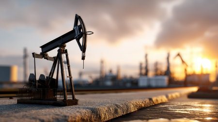 A stunning view of an oil pump jack silhouetted against a vibrant sunset, showcasing industrial machinery in a vast landscape. Ideal for themes of energy and technology.の素材