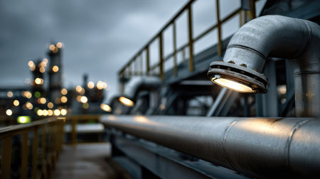 An industrial scene showcases steel pipes and illuminated fixtures against a moody cloudy sky, reflecting a modern manufacturing environment.の素材