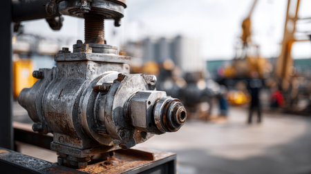 Closeup image of a robust industrial pump featuring intricate metal designs, set against a backdrop of machinery in a busy workshop environment.の素材