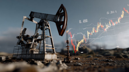 This captivating image features a vintage oil pump jack on rugged terrain, complemented by an overlaid financial graph, illustrating the dynamic energy sector and its market fluctuations.の素材