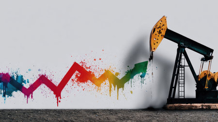 This dynamic image showcases an oil rig next to a vibrant painted graph, symbolizing market trends and economic fluctuations in a creative way.の素材