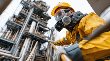 A safety-conscious worker in a bright yellow suit and helmet ascends metal stairs in an industrial environment, highlighting workplace safety practices.の素材