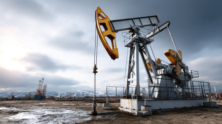 An industrial oil pump jack stands prominently against a dramatic sky, showcasing the essence of energy production in a natural landscape setting.の素材
