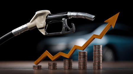 This dynamic image illustrates the rising cost of fuel with a gas pump, stacked coins, and an upward trend graph, capturing economic implications vividly.の素材
