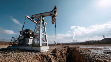 A striking oil drilling rig stands prominently against a dramatic blue sky filled with clouds, emphasizing the industrial effort in energy production.の素材