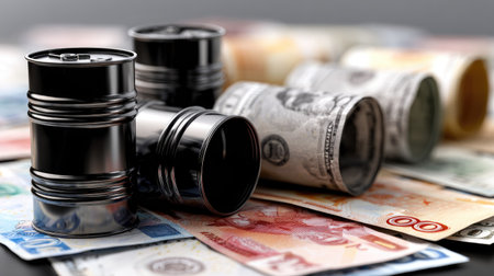This image features black barrels positioned on a backdrop of various currency notes, symbolizing the intricate relationship between fuel trade, finance, and global economies.の素材