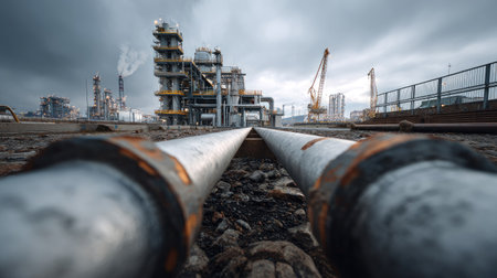 This industrial photograph showcases a close-up view of pipes leading towards a factory, emphasizing a stark urban landscape under a dramatic cloudy sky.の素材