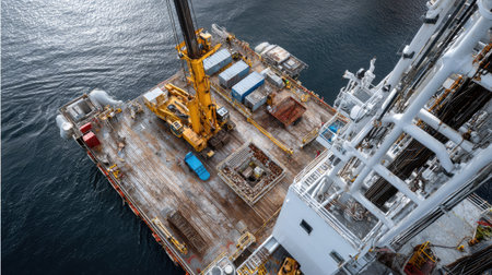 This aerial image captures an offshore platform equipped with a crane and various tools. The calm waters enhance the industrial scene, showcasing maritime activities.の素材