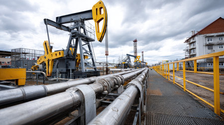 This image showcases industrial oil extraction equipment, featuring large pumps and pipes, set against a dramatic cloudy sky, highlighting the engineering of energy production.の素材