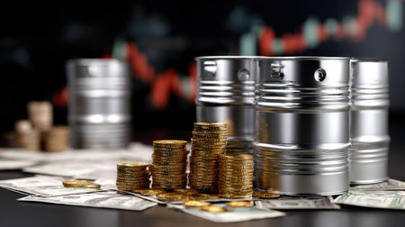 This image features stacks of coins arranged around metallic cans and dollar bills, set against a backdrop of a rising financial graph, symbolizing investment and economic growth.の素材