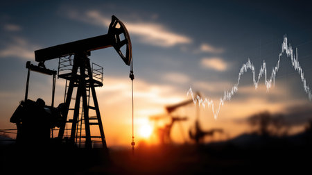 A dramatic silhouette of an oil pumping station at sunset, paired with a financial graph illustrating energy market trends and fluctuations.の素材