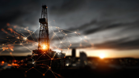 An industrial oil rig stands silhouetted against a vibrant sunset, showcasing a concept of technological connectivity and energy production in modern landscapes.の素材