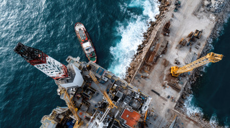 This captivating aerial image showcases an offshore oil rig adjacent to a supply vessel along a rocky industrial port, highlighting marine energy sectors.の素材