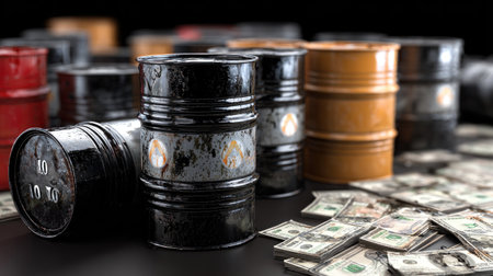 This image features oil drums alongside stacks of cash, representing the intersection of natural resources and financial wealth. Ideal for topics on finance and industry.の素材