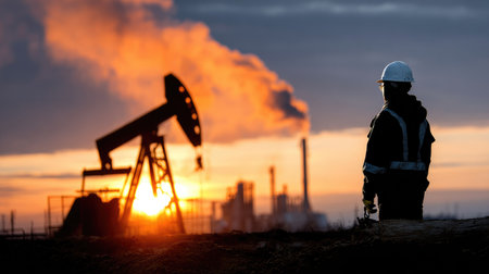 A striking image of an industrial worker in a hard hat observing an oil pumping operation during sunset. The scene captures a juxtaposition of nature and industry.の素材