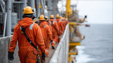 A group of diligent workers dressed in bright orange coveralls navigates the deck of an oil platform near the ocean, under a cloudy sky.の素材