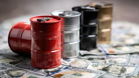 A visually striking composition of miniature oil barrels stacked on real dollar bills, symbolizing economic activity and investment strategies in financial markets.の素材