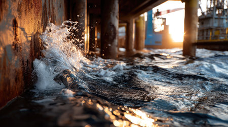 This image captures the dynamic interaction of water splashing against a rusty pier at sunset, highlighting industrial beauty and serene nature.の素材