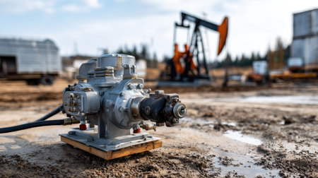 A detailed visual of a mechanical pump placed on muddy soil at an oil field, featuring a pump jack in the background under a bright sky.の素材