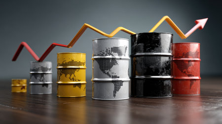This conceptual image displays oil barrels with world maps, representing global market trends with a rising arrow. Ideal for financial and economic themes.の素材
