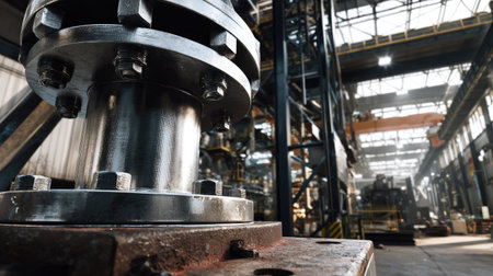 A close-up view of a metal valve in an industrial facility, highlighting the precision engineering and spacious environment filled with machinery.の素材