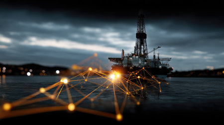 A striking oil rig stands silhouetted against a dusky sky, illuminated by glowing lines that symbolize advanced technology and connectivity in the maritime industry.の素材