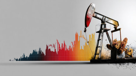 An eye-catching illustration featuring an oil pump jack against a backdrop of colorful stock market trends. This image represents the energy sector's dynamics, showcasing the interplay between oil production and financial growth. Perfect for finance or industry-related content.の素材