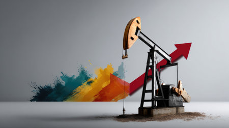 A vintage oil pump jack stands prominently against an abstract background of vibrant colors and an upward financial growth arrow, symbolizing energy industry progress.の素材