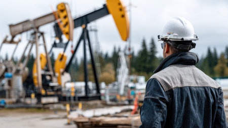 A worker in a safety helmet observes oil pumping equipment in an industrial setting surrounded by nature. The scene highlights energy industry operations.の素材