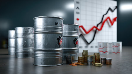 This image features metallic barrels alongside stacks of coins, with a financial chart in the background illustrating market trends and economic data analysis.の素材