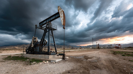 A dramatic scene capturing a pump jack at work in an oil field, set against a backdrop of stormy clouds and a vibrant sunset, showcasing industry and nature.の素材