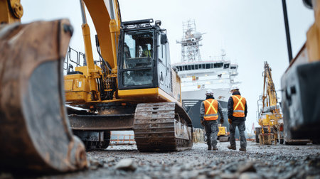 Two construction workers in safety gear inspect heavy machinery at an industrial port. The scene captures the blend of teamwork and technology in a bustling work environment.の素材