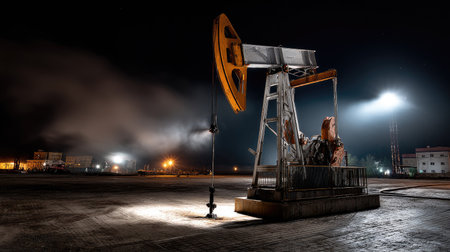 A dramatic night scene showcasing an oil pump jack operating in an industrial field. The area is illuminated with lights while wisps of smoke add depth to the atmosphere.の素材