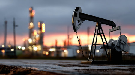 A captivating view of an oil pump jack situated in the foreground, set against a beautifully lit industrial skyline during sunset, creating a perfect blend of nature and technology.の素材