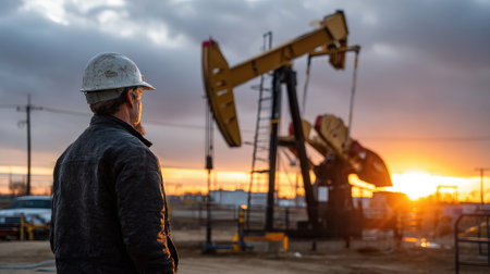 A dedicated worker stands in an oilfield, observing a pump jack silhouetted against a vibrant sunset. This image captures the essence of energy production and labor in the industry.の素材