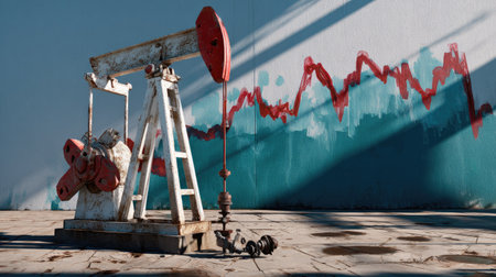 This striking image captures a weathered oil pump jack set against an artistic backdrop featuring abstract red and teal wave patterns. The scene combines industrial elements with creative design, highlighting the intersection of energy production and visual art.の素材
