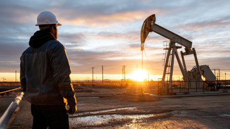 A worker in safety gear stands against the backdrop of an oil pump jack at sunset, capturing the essence of industrial energy production in a serene landscape.の素材