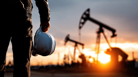 A worker stands with a safety helmet in hand, gazing at oil pumps silhouetted against a vibrant sunset landscape, symbolizing energy production.の素材