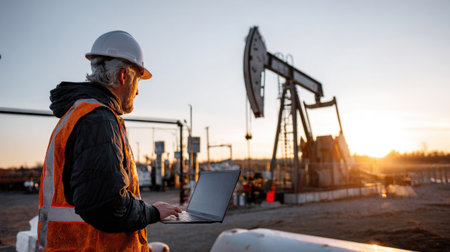A construction worker in a hard hat and safety vest uses a laptop in front of an oil rig. The scenic sunset highlights the rural oil field environment.の素材