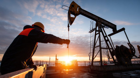 A worker in safety gear observes an oil pump jack at sunset, silhouetted against a vibrant sky. The scene captures the essence of industrial labor and energy production.の素材