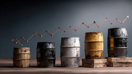 This image captures the concept of financial growth through a row of barrels in various colors, complemented by an upward graph. The use of wood textures and a sophisticated background enhances the visual metaphor for successful investment strategies and economic trends.の素材