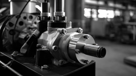 This image showcases a close-up view of an industrial pump with detailed mechanical components in a black and white setting, highlighting engineering precision.の素材